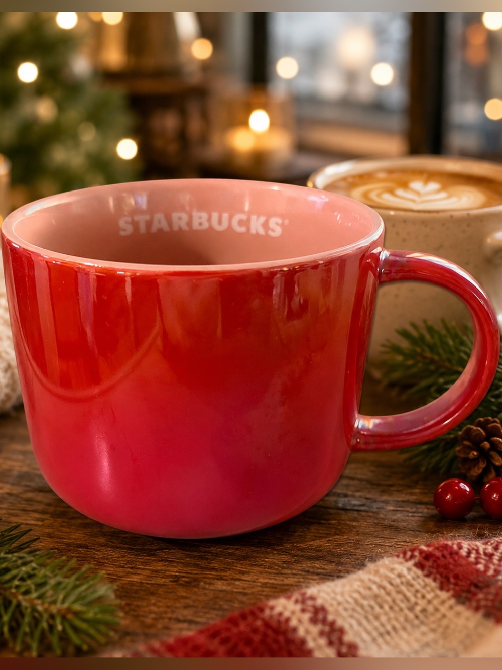 Starbucks 2022 Red Iridescent 14oz Ceramic Mug Pink Interior Holiday Coffee